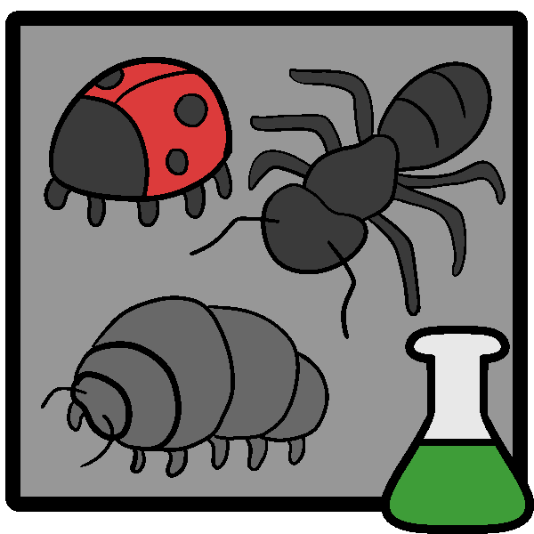  A ladybug, ant, and pill bug in a frame with a green beaker in the corner.
